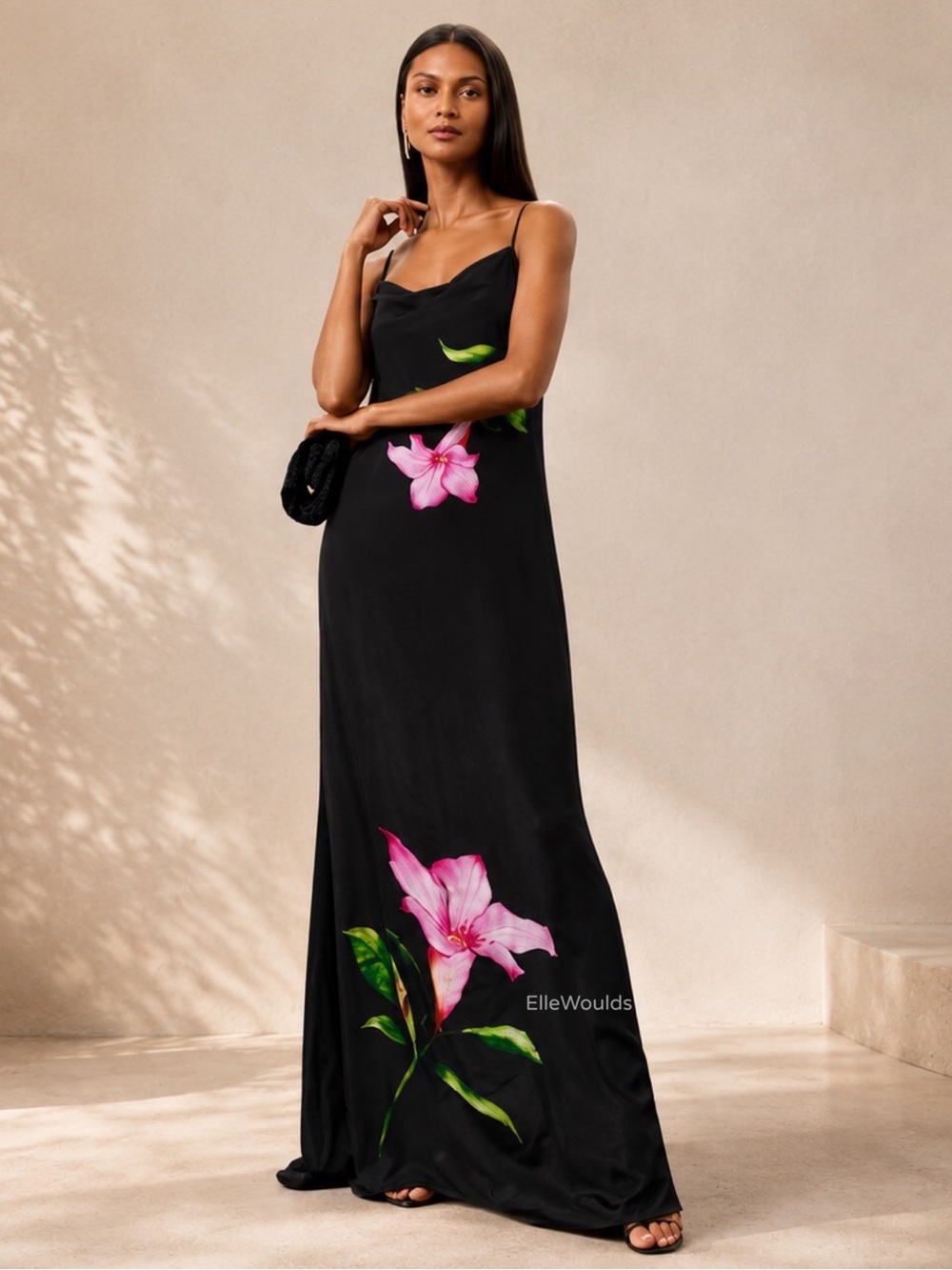 Rococo Sand Black Strappy Cowl Neck Oversized Floral Maxi Dress Size XS $540